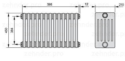 Схема (чертеж) Радиатор Zehnder Charleston 6045/13 №1270 Белый глянцевый RAL 9016